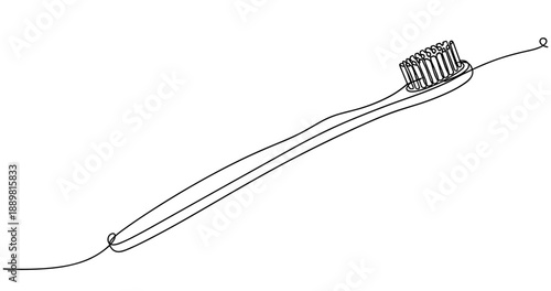 Minimalist continuous line drawing of a toothbrush on white background. Non editable stroke