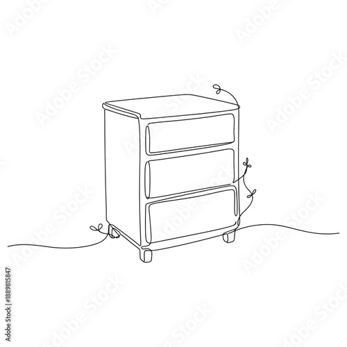 Minimalist line art of a three-drawer nightstand with vine design. Non editable stroke