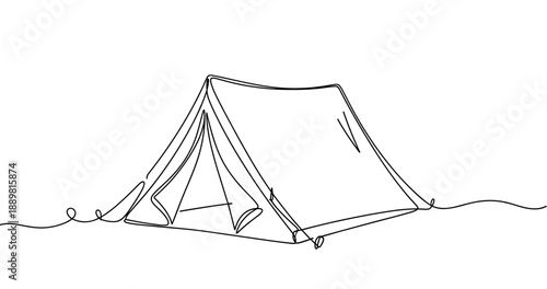 Minimalist continuous line art of a camping tent on white background. Non editable stroke
