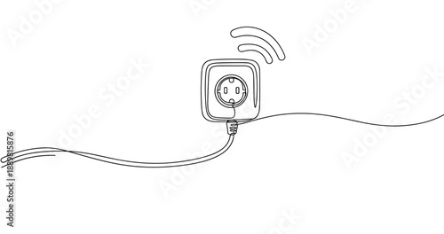 Minimalist smart plug illustration with wireless connectivity symbol. Non editable stroke