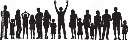Large diverse collection of community member silhouettes including men women and children standing together and celebrating with arms raised isolated on white background for unity.