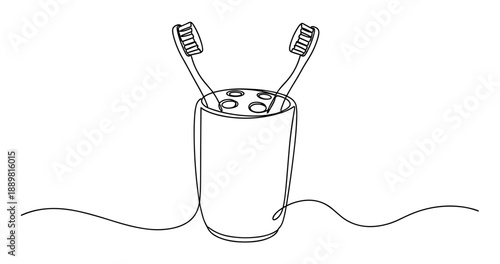 Continuous line drawing of toothbrushes in holder on bathroom counter. Non editable stroke