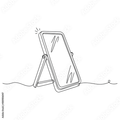 Minimalist standing rectangular mirror with wireframe illustration. Non editable stroke