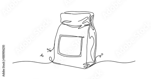 Minimalist one-line drawing of a coffee bag with decorative elements. Non editable stroke