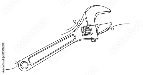Continuous line drawing of adjustable wrench with minimalist design. Non editable stroke