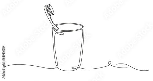 Minimalist line art of toothbrush in glass cup. Non editable stroke