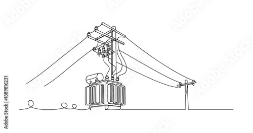 Continuous line drawing of electrical power lines and transformer on pole. Non editable stroke