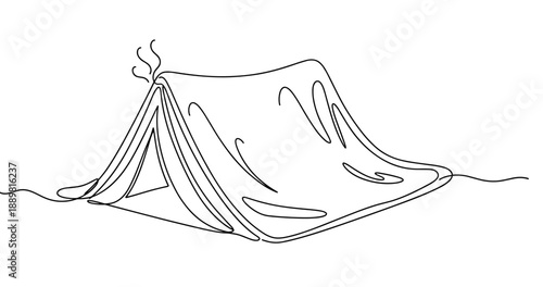 Minimalist line art of a camping tent in outdoor setting. Non editable stroke