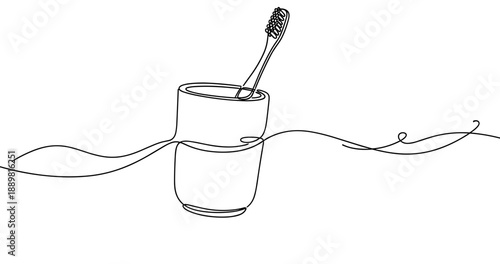Continuous line drawing of toothbrush in cup with artistic swirl design. Non editable stroke