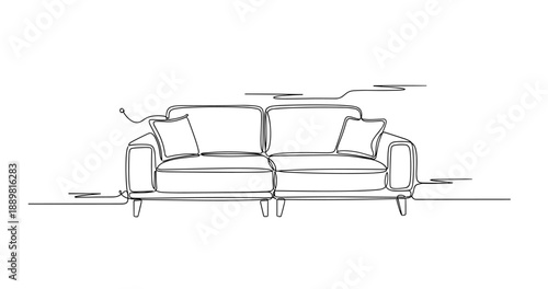 Minimalist line art of a modern sofa with cushions. Non editable stroke