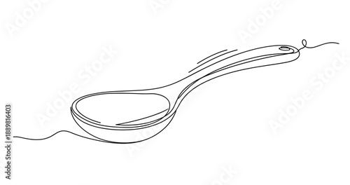 Minimalist black line drawing of a serving spoon on white background. Non editable stroke
