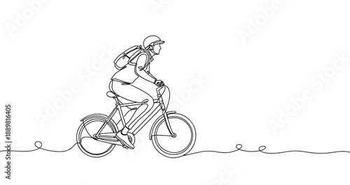 Continuous line art of person riding bicycle with backpack and helmet. Non editable stroke