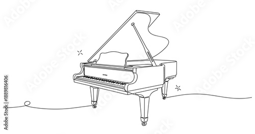 Elegant line art grand piano with raised lid and music stand on white background. Non editable stroke