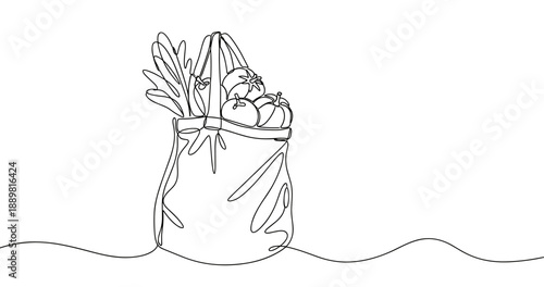 Continuous line drawing of tote bag filled with fresh vegetables. Non editable stroke