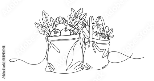 Line art of eco-friendly bags with fresh vegetables and fruits. Non editable stroke