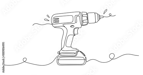 Continuous line art of electric drill with spiral cord design. Non editable stroke