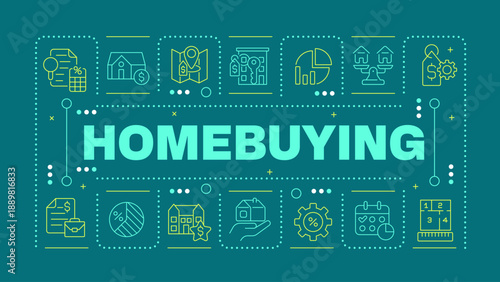 Homebuying green word concept. Loan approval, financial metrics. Mortgage calculation. Horizontal vector image. Headline text surrounded by editable outline icons. Hubot Sans font used
