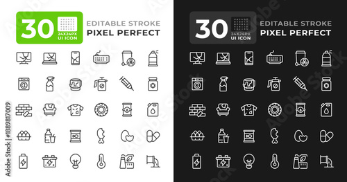 Waste management system line ui icon set for light and dark mode. Recycling and sorting of litter. Conservation. Vector outline symbols iconography. User interface elements linear, pixel perfect
