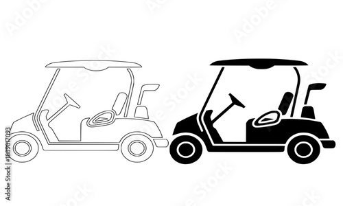 Golf Cart Vector Icons, Electric Buggy and Golf Club Transport, Sports Vehicle Outline and Solid Black Illustrations Isolated on White, Motorized Caddy for Country Club and Outdoor Recreation