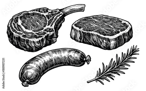 Hand drawn line art meat set featuring a tomahawk steak, beef steak, sausage and rosemary for culinary design
