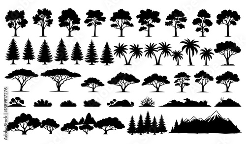 Vector tree silhouettes collection showing trees from various climate zones isolated on white background