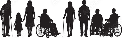 Large diverse set of black silhouettes showing people with disabilities in wheelchairs and using walking canes with families isolated on white background for inclusion.