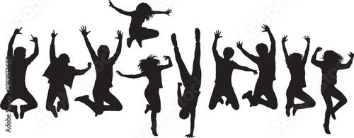 Large set of black silhouettes showing diverse group of young people jumping dancing and celebrating with joy isolated on white background for success concepts.