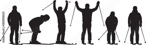 Large set of black silhouettes showing skiers in various poses including standing downhill skiing and celebrating with raised poles isolated on white background for winter.