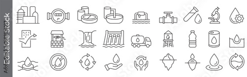 Water treatment and supply icon set – editable outline symbols of purification, laboratory analysis, storage, filtration, reservoir, recycling, water drop and infrastructure