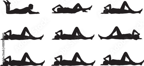 Large set of black silhouettes showing various people in lying down and resting positions on floor isolated on white background for health and relaxation.
