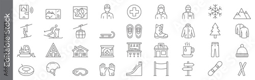 Ski resort, winter sports and vacation icon set – editable outline symbols of skiing, equipment, snowboarding, cable car, lodge, snowflake, chalet and mountain activities