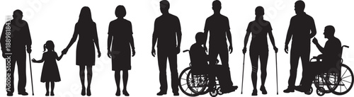 Large set of diverse people silhouettes including elderly with canes wheelchair users individuals on crutches and families isolated on white background for social inclusion concepts.