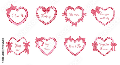 Set delicate heart frames with frill, bows tied and handwritten typography. Flat vector illustration in ink sketch style. Use for card, social media post, wedding invitation and love themed designs.