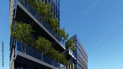 Corporate Office, Modern building with glass facade and green balconies featuring trees, showcasing eco friendly architecture against clear blue sky, 3d render