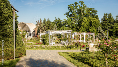 Rose Park in Timisoara, Romania. Rose Park (Rosarium) in Timisoara, Romania, features colorful blooming roses, green pathways, and a peaceful urban garden atmosphere on a sunny day.
