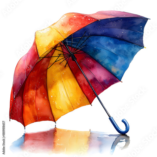  Vibrant watercolor umbrella in rainbow colors reflecting on a wet surface, symbolizing rainy weather protection and cheerfulness