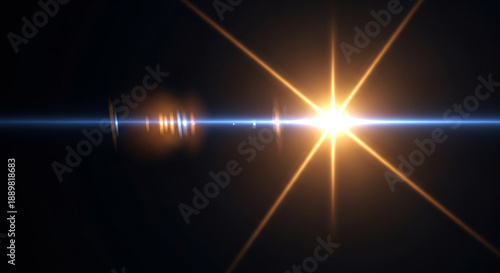 Sunlight effects overlays, lens flare and light glowing rays on black background for design, optical lens flare effect Golden Bright star shining in the dark space with vibrant light rays and lens 