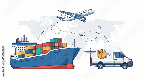 A massive industrial cargo ship transports freight containers across the blue ocean water toward a busy shipping port for trade and export