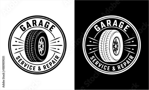 Vintage Garage Service and Repair Emblem with Tire Illustration.
