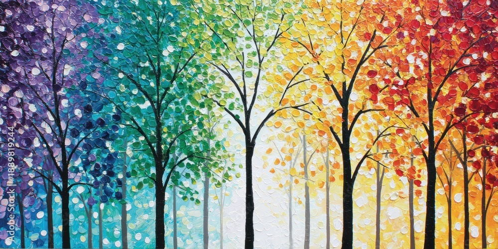 Fototapeta premium An abstract painting of trees transitioning through vibrant seasonal colors, displayed horizontally