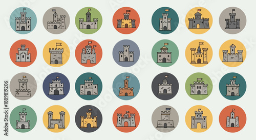Playful assortment of cartoon medieval castles illustrations in vibrant colored circles icons