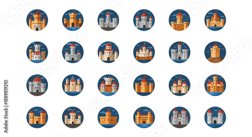 Collection of stylized castle icons in a flat vector format suitable for design elements