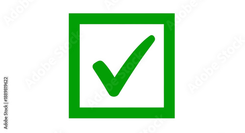 Vibrant green check mark inside a square frame against a pristine white backdrop