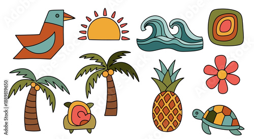 Vibrant tropical elements in a cartoon style, perfect for summer vibes and colorful designs