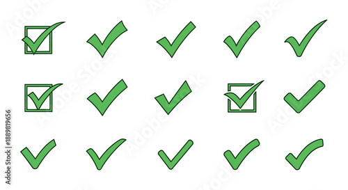 Diverse green check marks in various styles illustrating validation and approval concepts