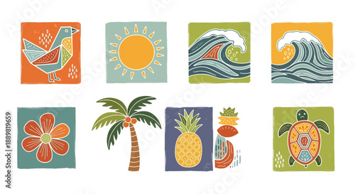 Tropical getaway block prints featuring bird, flower, sun, waves, pineapple, palm tree and turtle