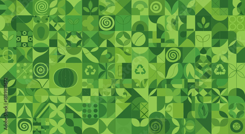 Geometric green mosaic pattern symbolizing environmental awareness and ecological balance