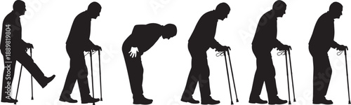 Set of black silhouettes showing an elderly man using a walking cane in different poses and movement stages isolated on white background for geriatrics.