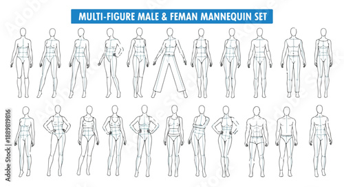 Outline Vector Set of Male and Female Mannequins in Various Poses