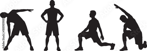 Set of black silhouettes showing athletic men in different exercise poses including stretching and lunging isolated on white background for health and fitness concepts.